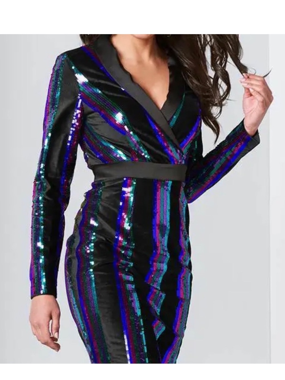 Venus Black Velvet Blue Pink Purple Sequin Tuxedo Style Long Sleeve Dress Size 2 - Picture 4 of 12